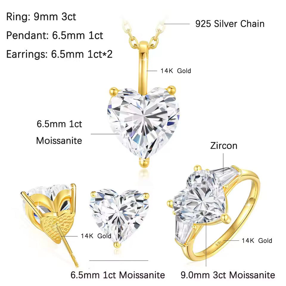 SZJinao 14K Gold Heart Cut VVS1 Moissanite Jewelry Set – Ring, Pendant & Earrings, D Color, Certified Wedding & Engagement Gift