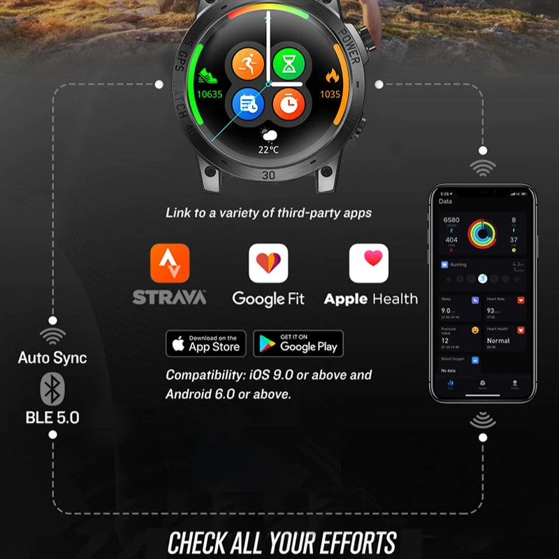 Men’s GPS Smartwatch AMOLED Display Waterproof Fitness Tracker with Altimeter and Compass