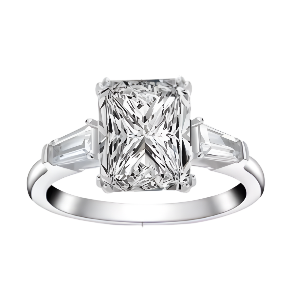 Radiant Cut Moissanite Engagement Ring Baguette Design in Sterling Silver Wedding Jewelry