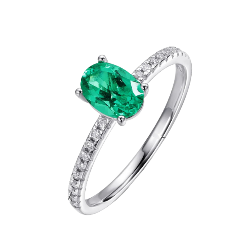 Women Emerald Ring 1 Carat Oval Lab Grown Colombian Stone Moissanite Accent Silver Gift