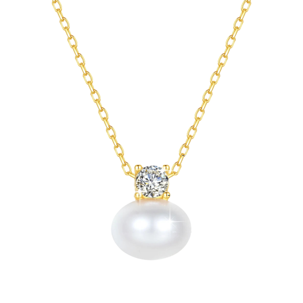 18K Yellow Gold Freshwater Pearl Pendant Necklace with Moissanite Accent for Gift
