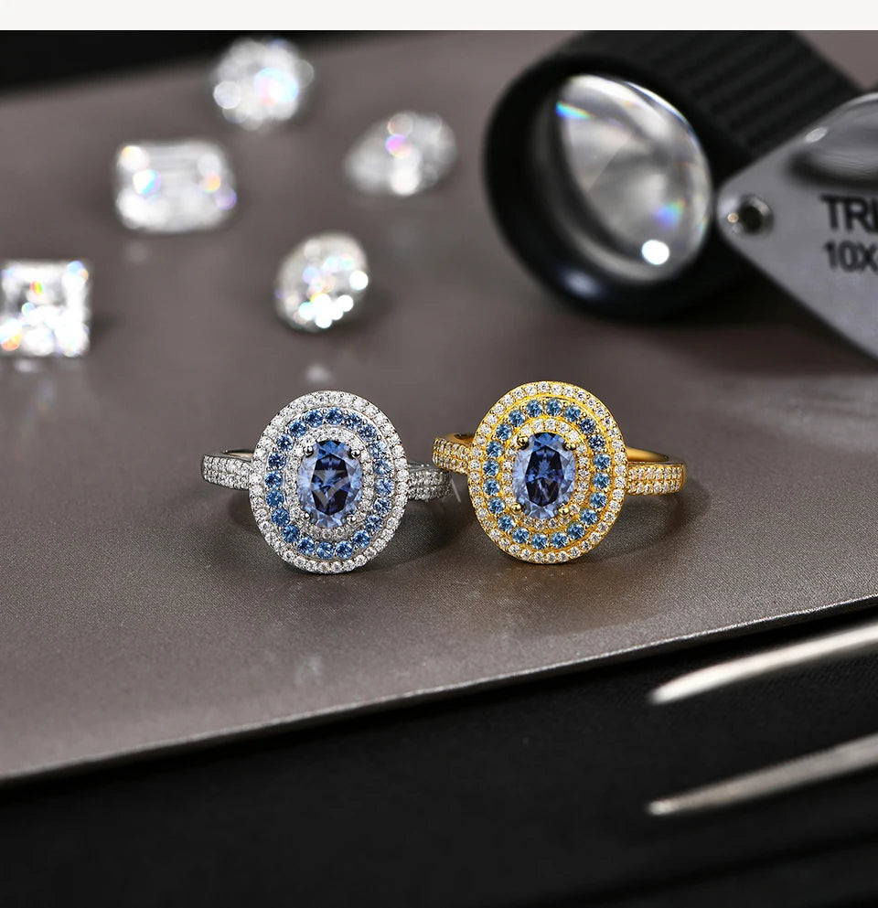 18K Gold Plated 925 Sterling Silver 1ct Blue Moissanite Oval Engagement Ring for Women