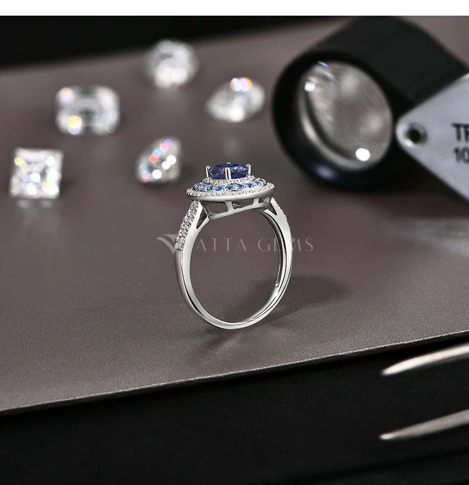18K Gold Plated 925 Sterling Silver 1ct Blue Moissanite Oval Engagement Ring for Women