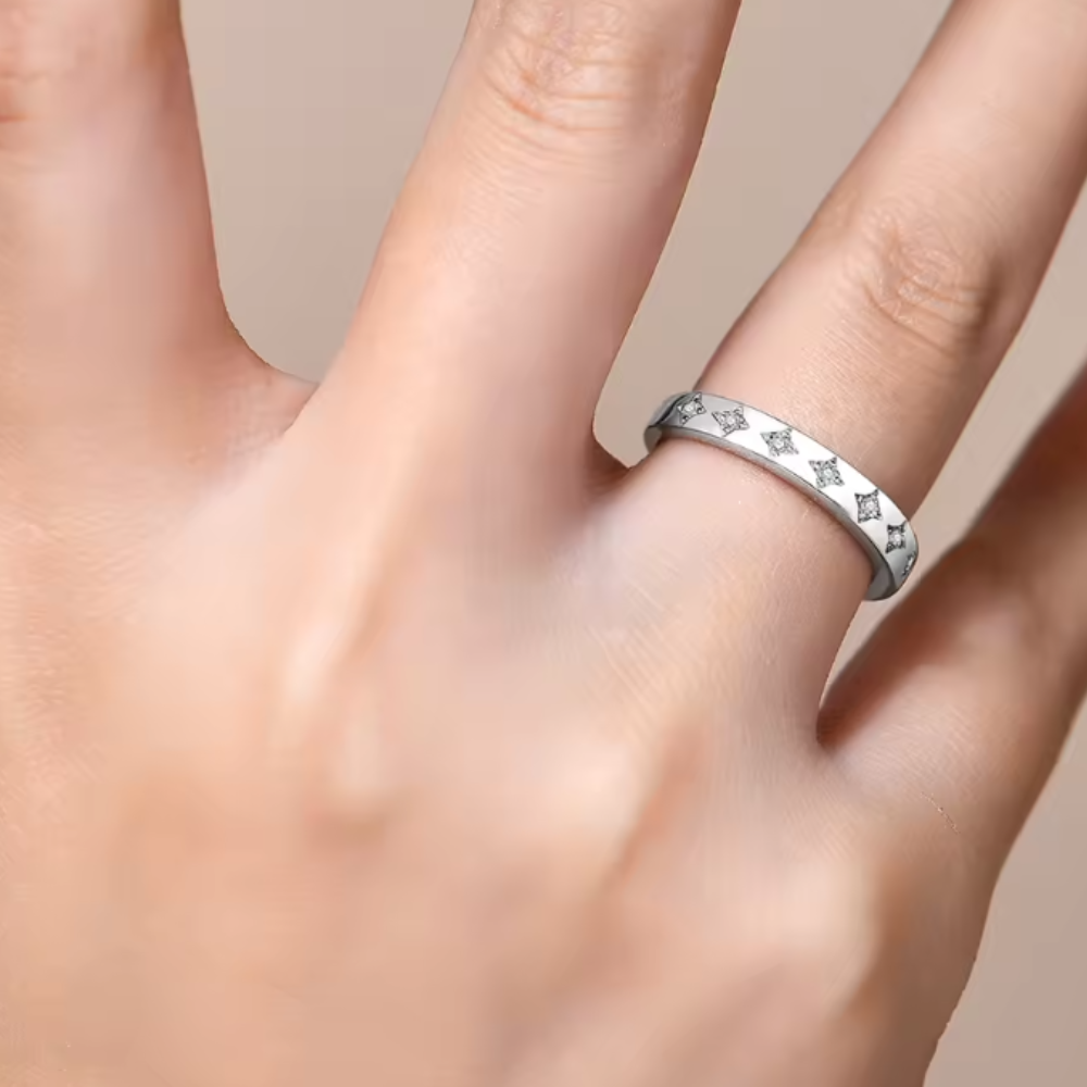 18K White Gold Plated 925 Sterling Silver Star Moissanite Wedding Band for Women