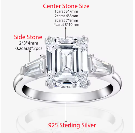 Radiant Cut Moissanite Engagement Ring Baguette Design in Sterling Silver Wedding Jewelry