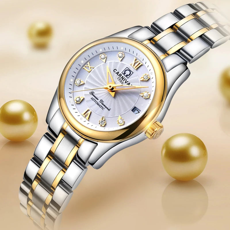 Women Luxury Automatic Watch Stainless Steel 26mm Sapphire Crystal Calendar Water Resistance