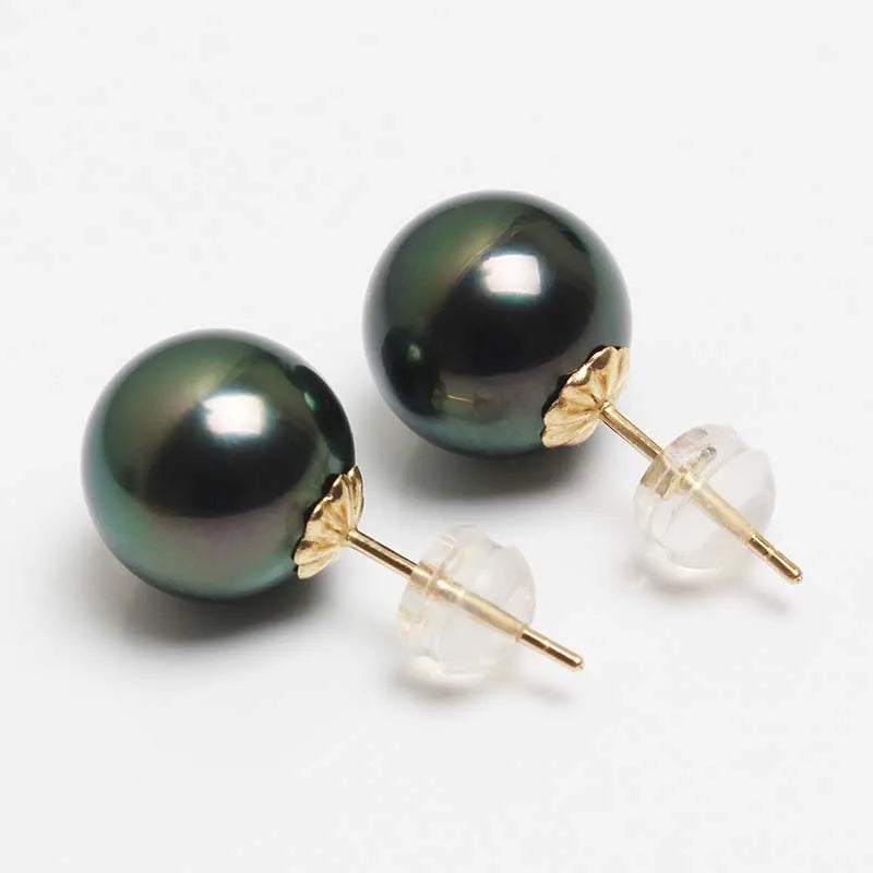 QIXIZHUYAN Natural Tahitian Pearl Stud Earrings – 18K Gold Mount