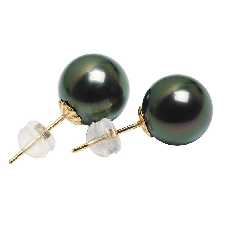 QIXIZHUYAN Natural Tahitian Pearl Stud Earrings – 18K Gold Mount