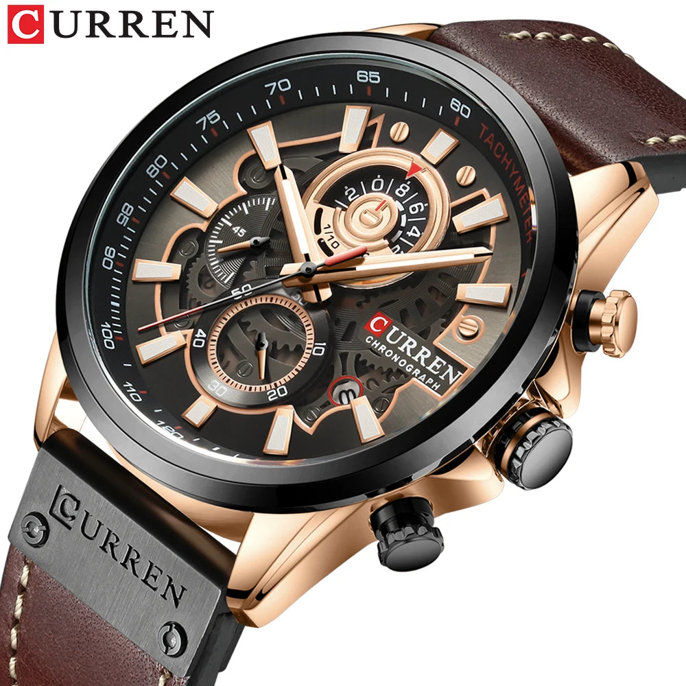 CURREN Watch For Men Sport Luxury Brand Chronograph Military Genuine Leather Waterproof Wristwatches Man Clock Relogio Masculino