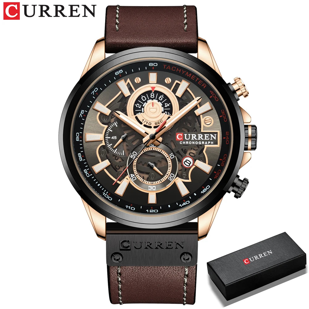 CURREN Watch For Men Sport Luxury Brand Chronograph Military Genuine Leather Waterproof Wristwatches Man Clock Relogio Masculino