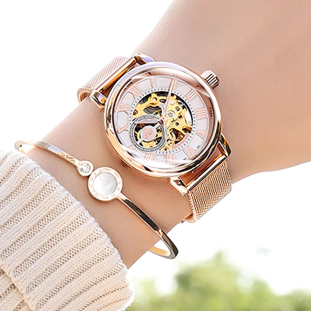 New Fashion Luxury Brand Skeleton Women Mechanical Watches Female Clock Automatic Self-Wind Wristwatches for Ladies Montre Femme