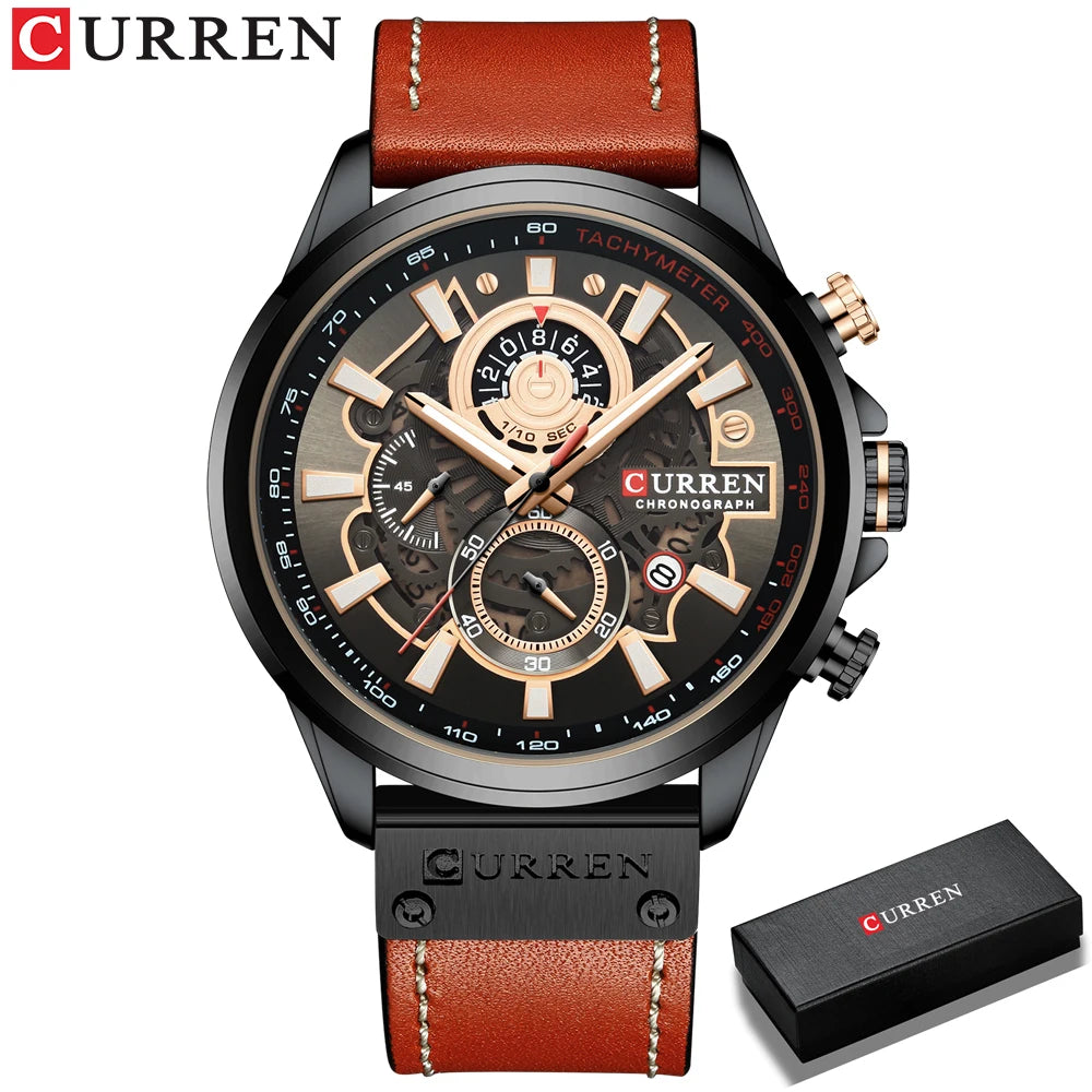 CURREN Watch For Men Sport Luxury Brand Chronograph Military Genuine Leather Waterproof Wristwatches Man Clock Relogio Masculino