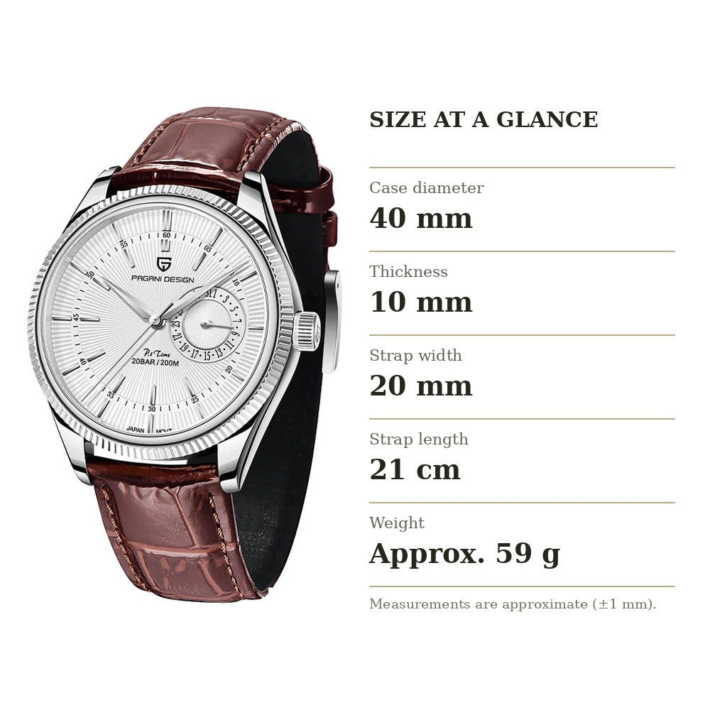 Sobrio dress watch size at a glance: 40 mm case, 10 mm thick, 20 mm strap