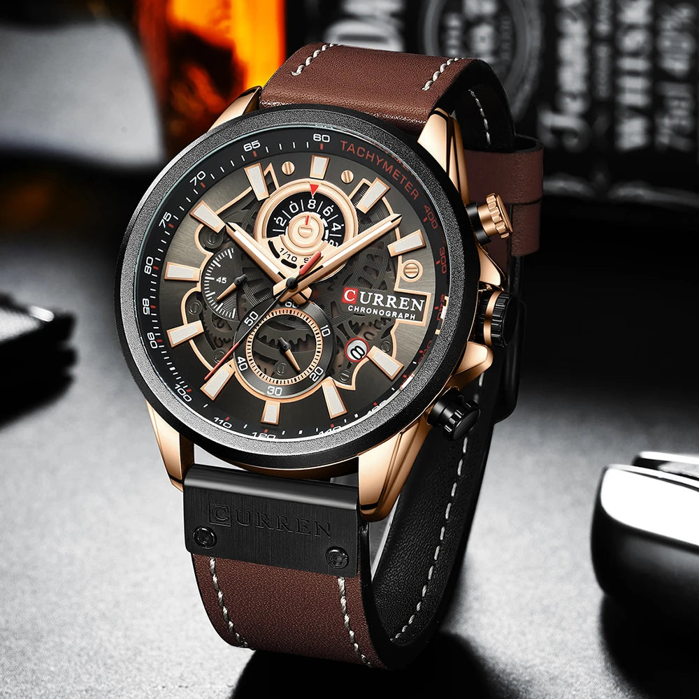 CURREN Watch For Men Sport Luxury Brand Chronograph Military Genuine Leather Waterproof Wristwatches Man Clock Relogio Masculino