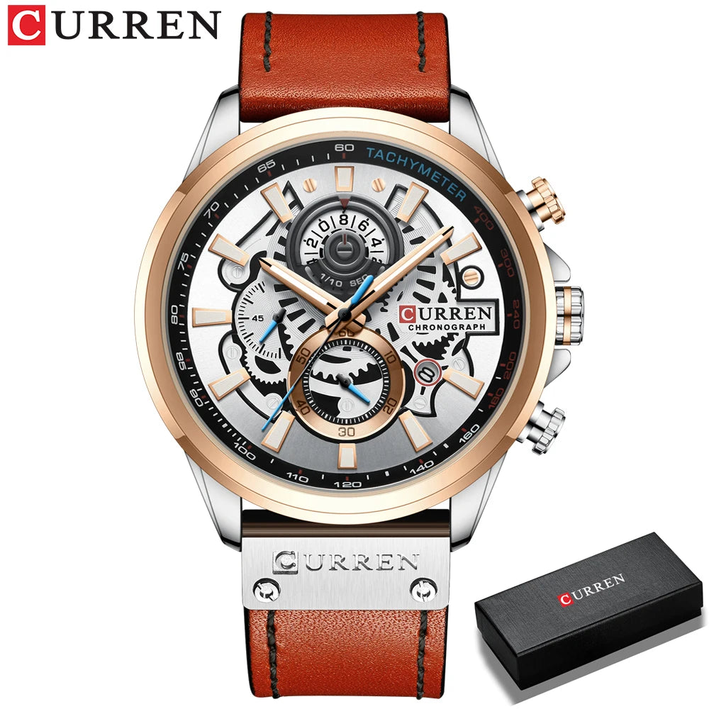 CURREN Watch For Men Sport Luxury Brand Chronograph Military Genuine Leather Waterproof Wristwatches Man Clock Relogio Masculino