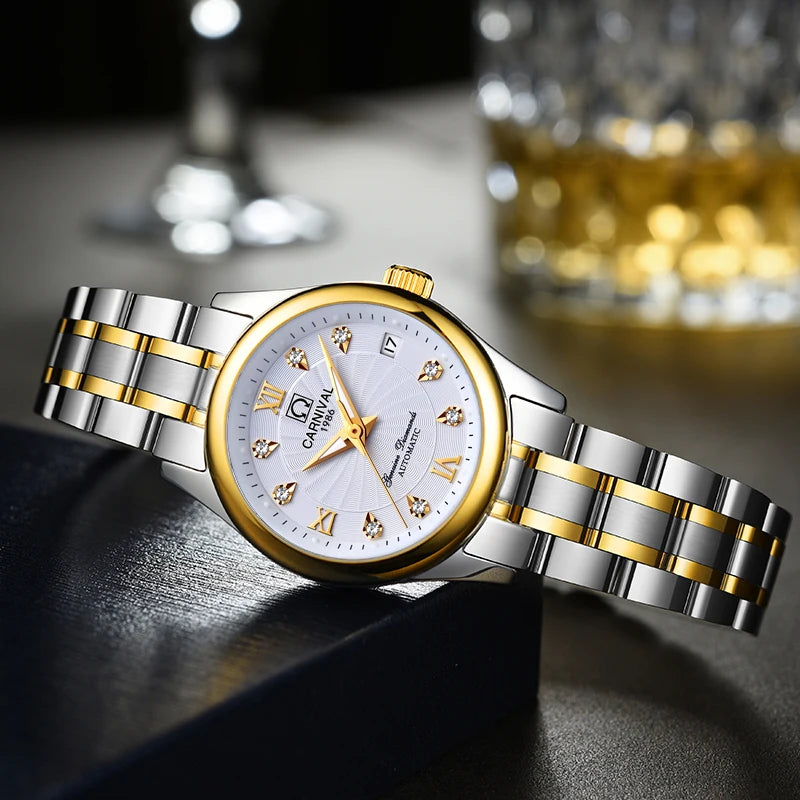 Women Luxury Automatic Watch Stainless Steel 26mm Sapphire Crystal Calendar Water Resistance