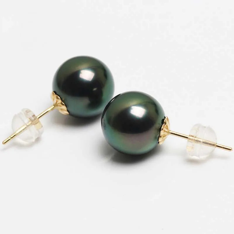 QIXIZHUYAN Natural Tahitian Pearl Stud Earrings – 18K Gold Mount