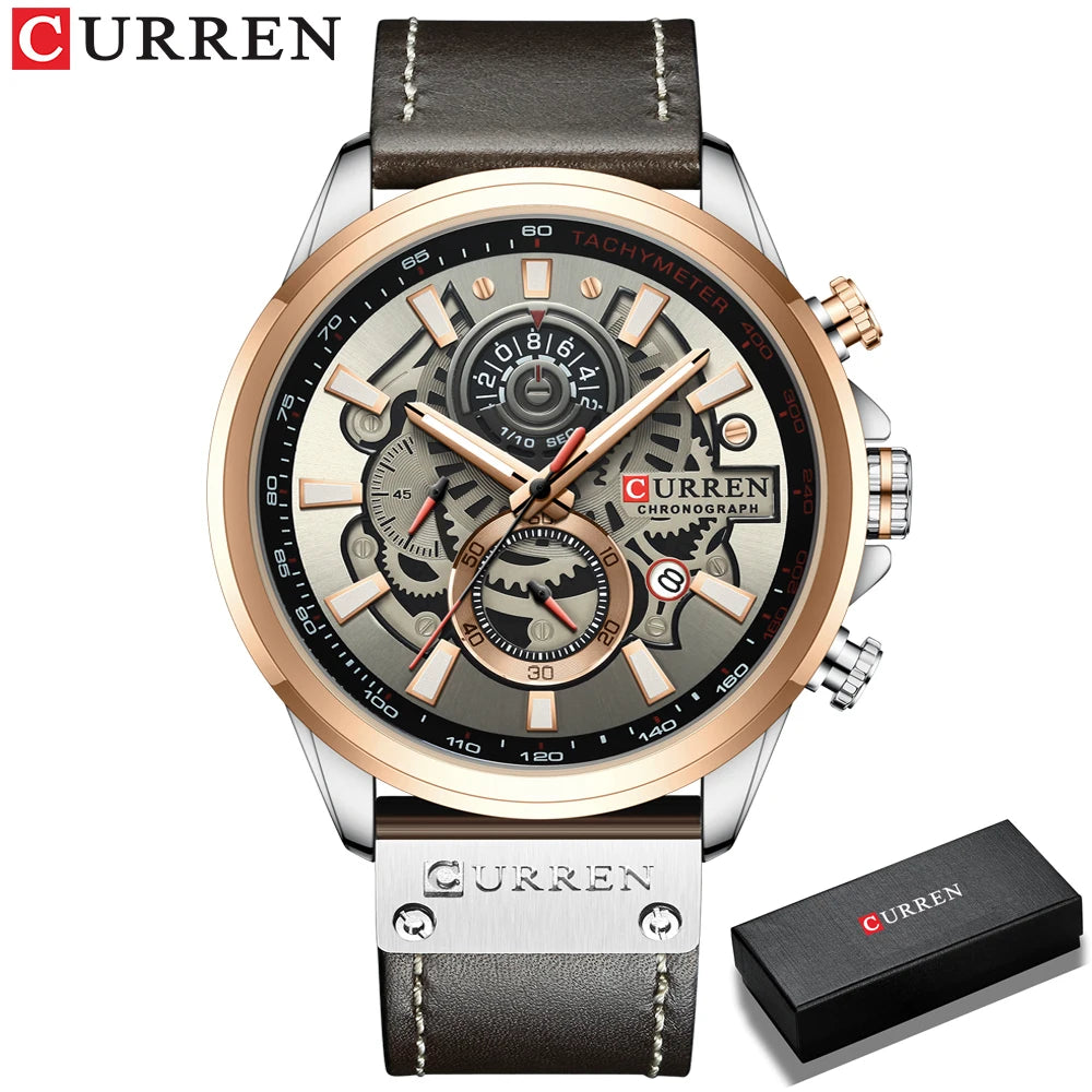 CURREN Watch For Men Sport Luxury Brand Chronograph Military Genuine Leather Waterproof Wristwatches Man Clock Relogio Masculino