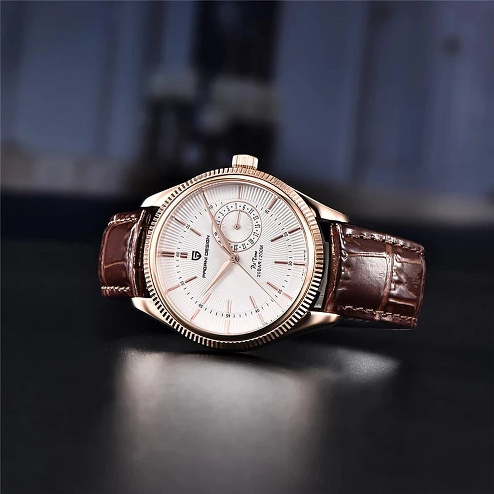 Sobrio dress watch, rose gold case and brown strap on a dark surface