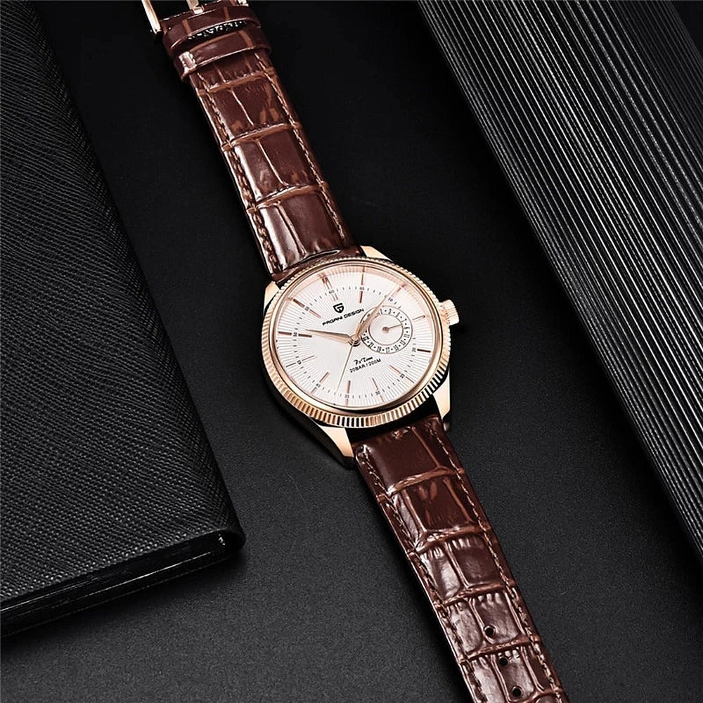Sobrio dress watch, brown leather strap, angled view on a black background