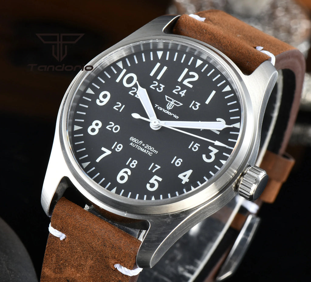 Tandorio 39mm NH35A 20bar Automatic Dive Pilot Men's Watches Sapphire Glass Green Luminous Dial Leather Strap Screw Crown