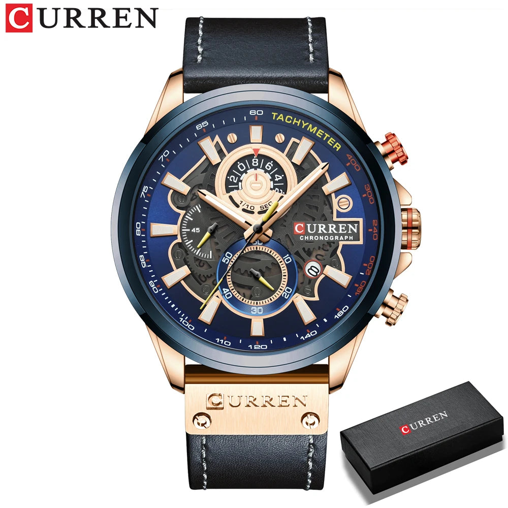 CURREN Watch For Men Sport Luxury Brand Chronograph Military Genuine Leather Waterproof Wristwatches Man Clock Relogio Masculino