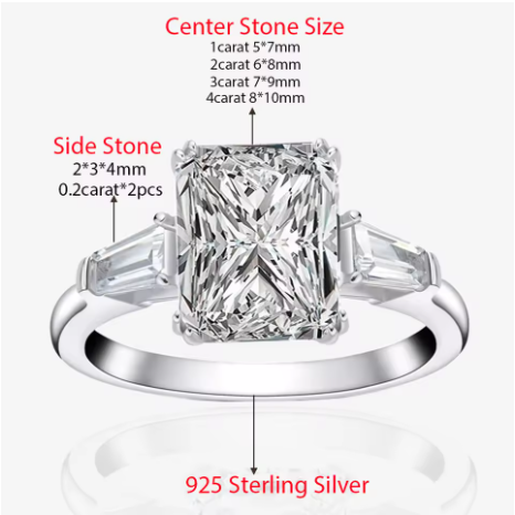 Radiant Cut Moissanite Engagement Ring Baguette Design in Sterling Silver Wedding Jewelry