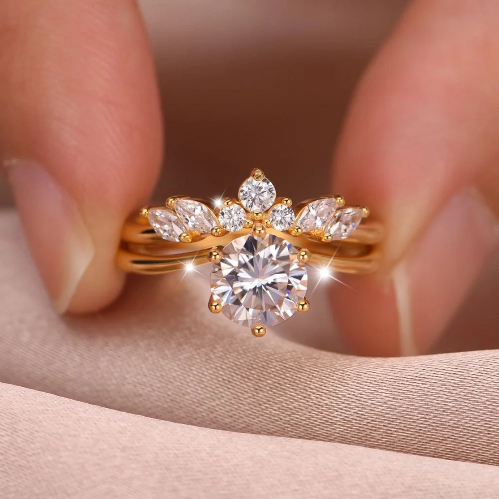 Sterling Silver Moissanite Ring Set D Color Round Cut Diamond Alternative for Women Jewelry