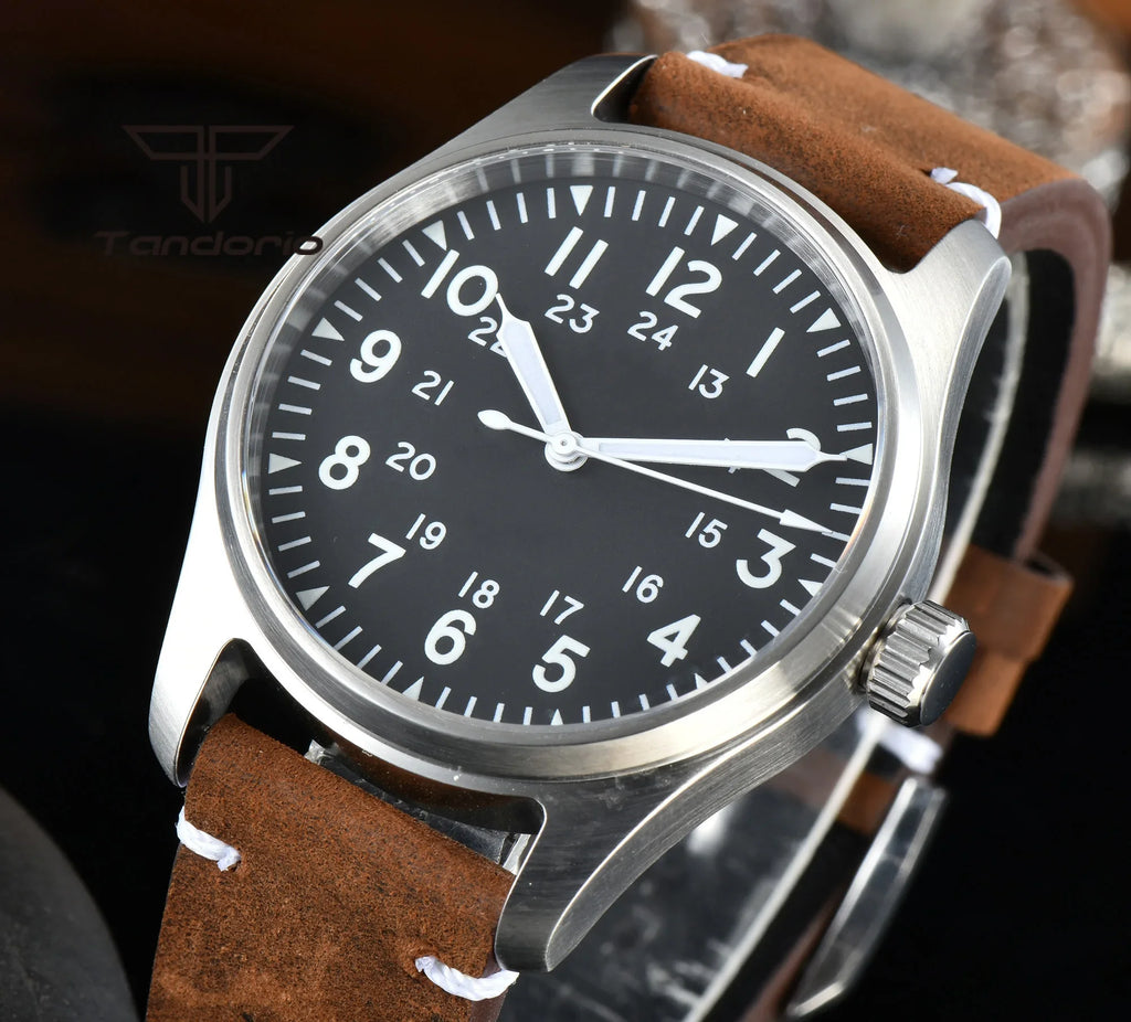 Tandorio 39mm NH35A 20bar Automatic Dive Pilot Men's Watches Sapphire Glass Green Luminous Dial Leather Strap Screw Crown