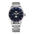 Starry blue aventurine dial moonphase watch with steel bracelet on white