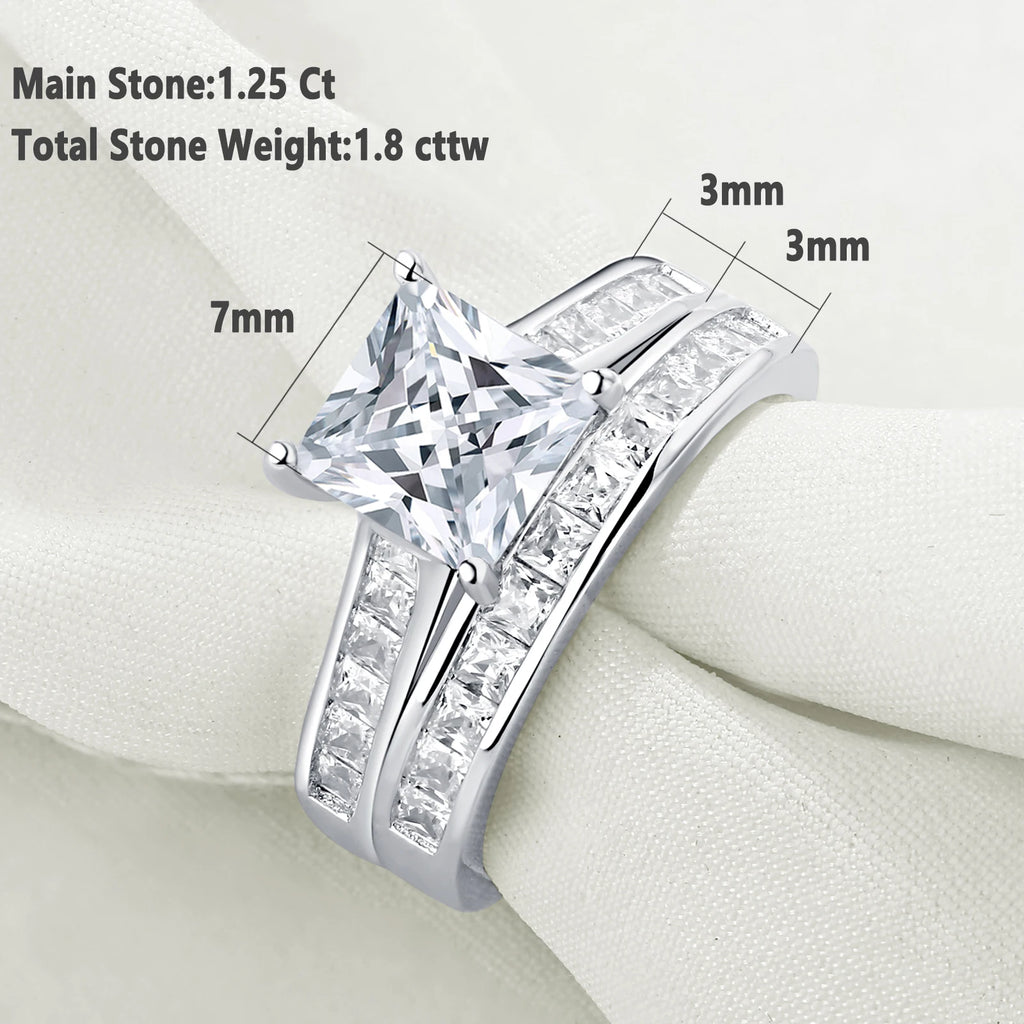 Newshe Classic 2-Piece Wedding Ring Set – 7x7mm Princess Cut AAAAA Zircon in 925 Sterling Silver