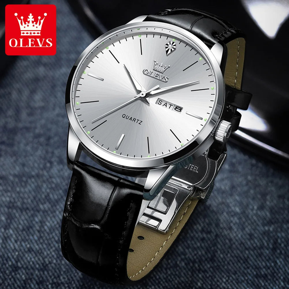 OLEVS 2935 Dual Calendar Quartz Dress Watch For Men Simple Original Leather Man Watches Waterproof Luminous Business Hand Clock