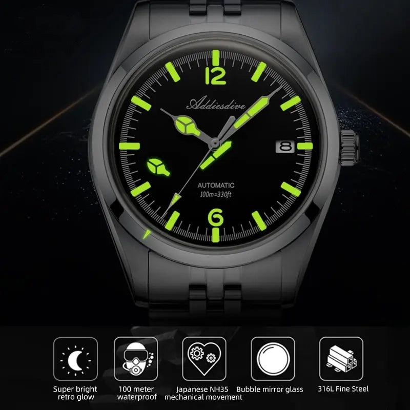 Men’s Automatic Business Watch NH35 Silver Stainless Steel 10ATM Luminous Dial