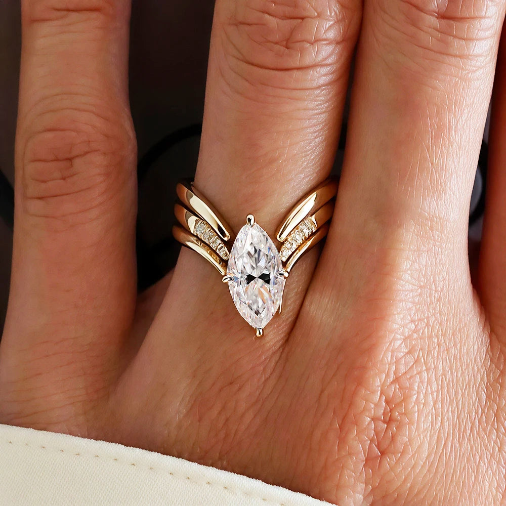 BXINY Marquise Cut Moissanite Ring Set – Triple Band Design 925 Sterling Silver with 18K Gold Plating