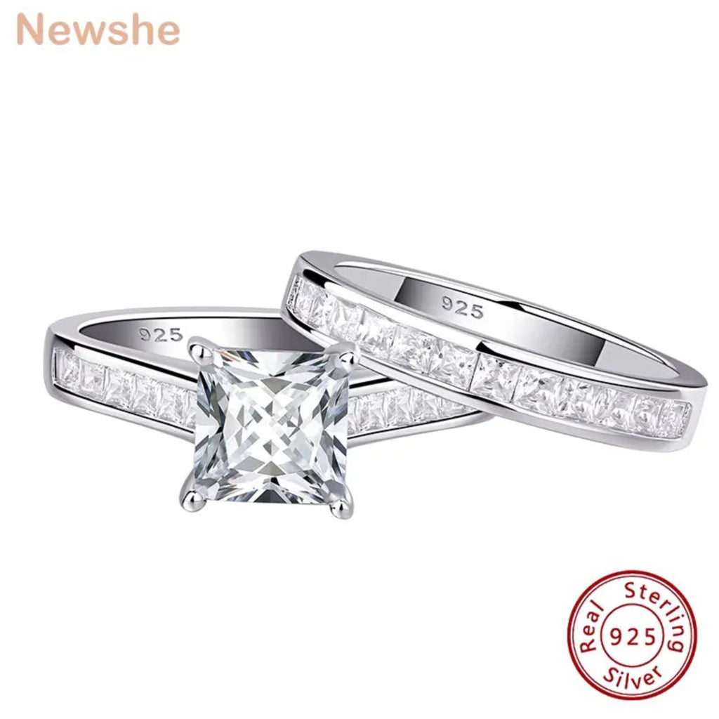 Newshe Classic 2-Piece Wedding Ring Set – 7x7mm Princess Cut AAAAA Zircon in 925 Sterling Silver