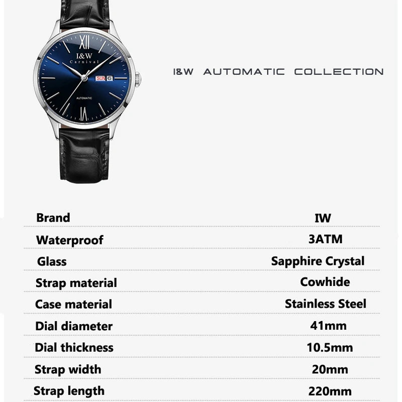 Carnival High-End Series IW Brand Luxury MIYOTA Movement Mechanical Watch For Men Leather Waterproof Sapphire Automatic Watches