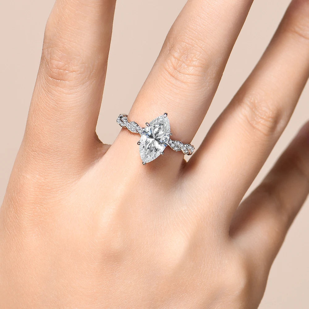 18K White Gold Plated 925 Sterling Silver 3ct Marquise Cut Moissanite Engagement Ring