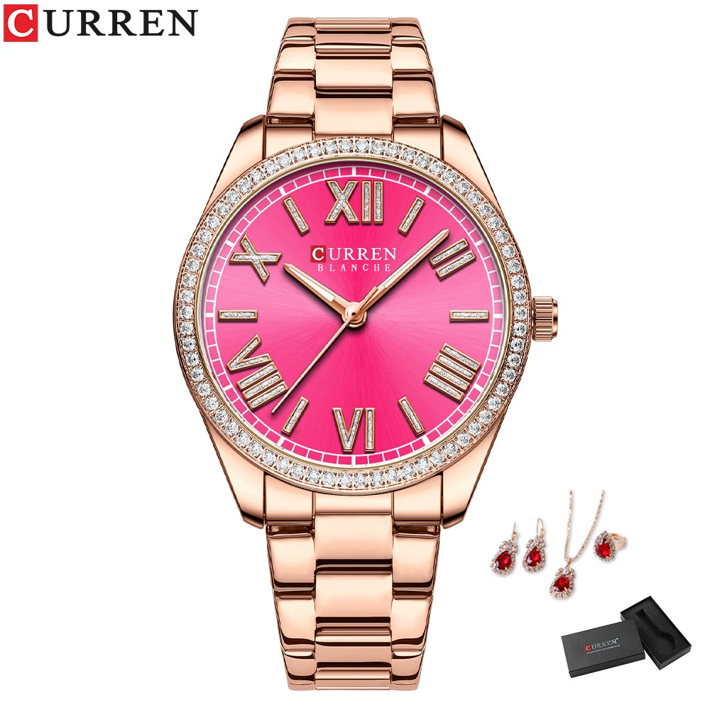 CURREN Women's Fashion Watch Gift Set with Rhinestone Bracelet, Ring, and Earrings