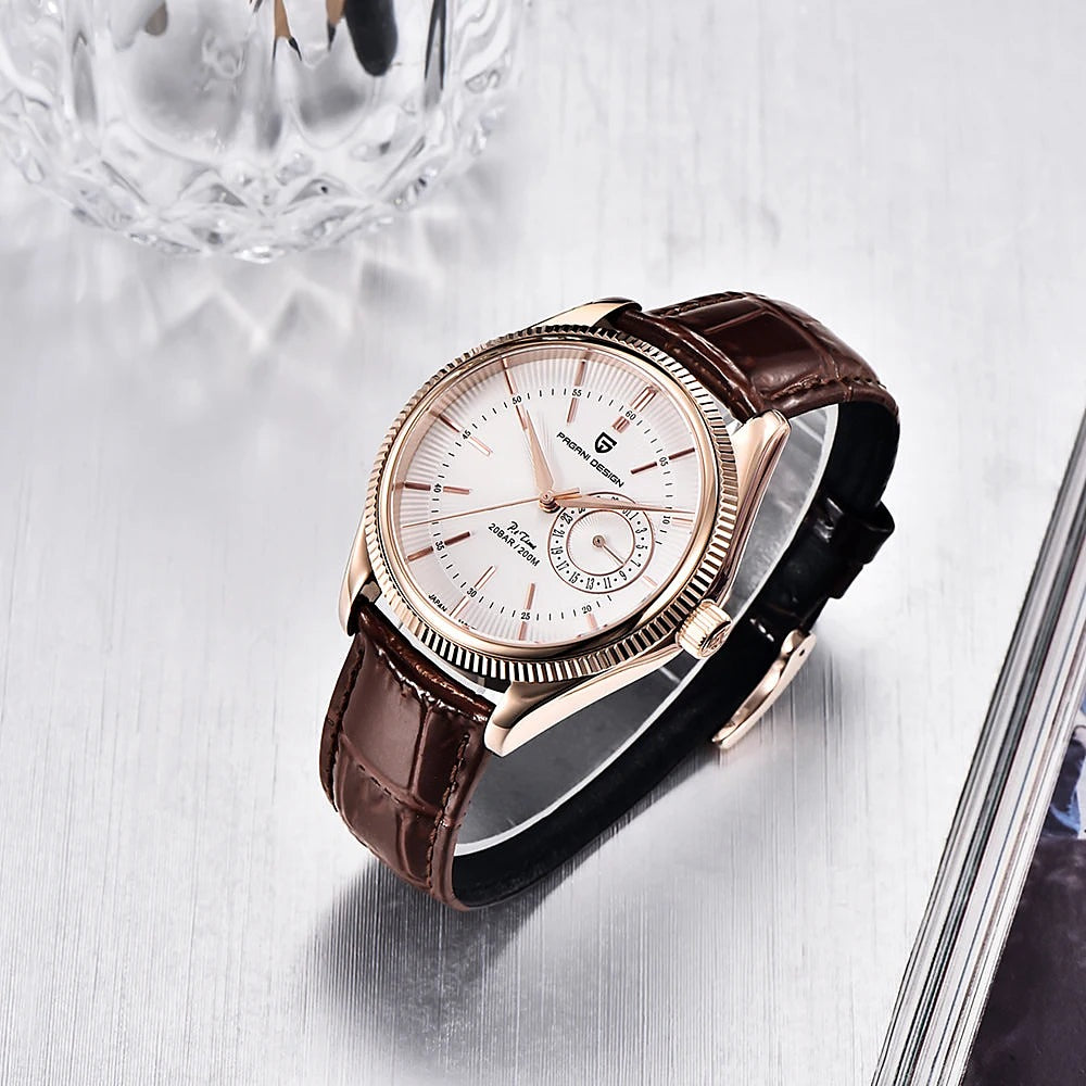 Sobrio dress watch, rose gold case, white dial, brown leather strap on a marble surface