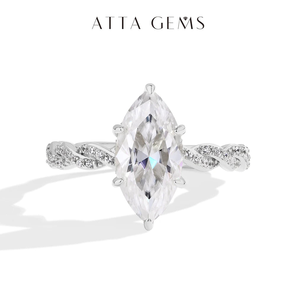 18K White Gold Plated 925 Sterling Silver 3ct Marquise Cut Moissanite Engagement Ring