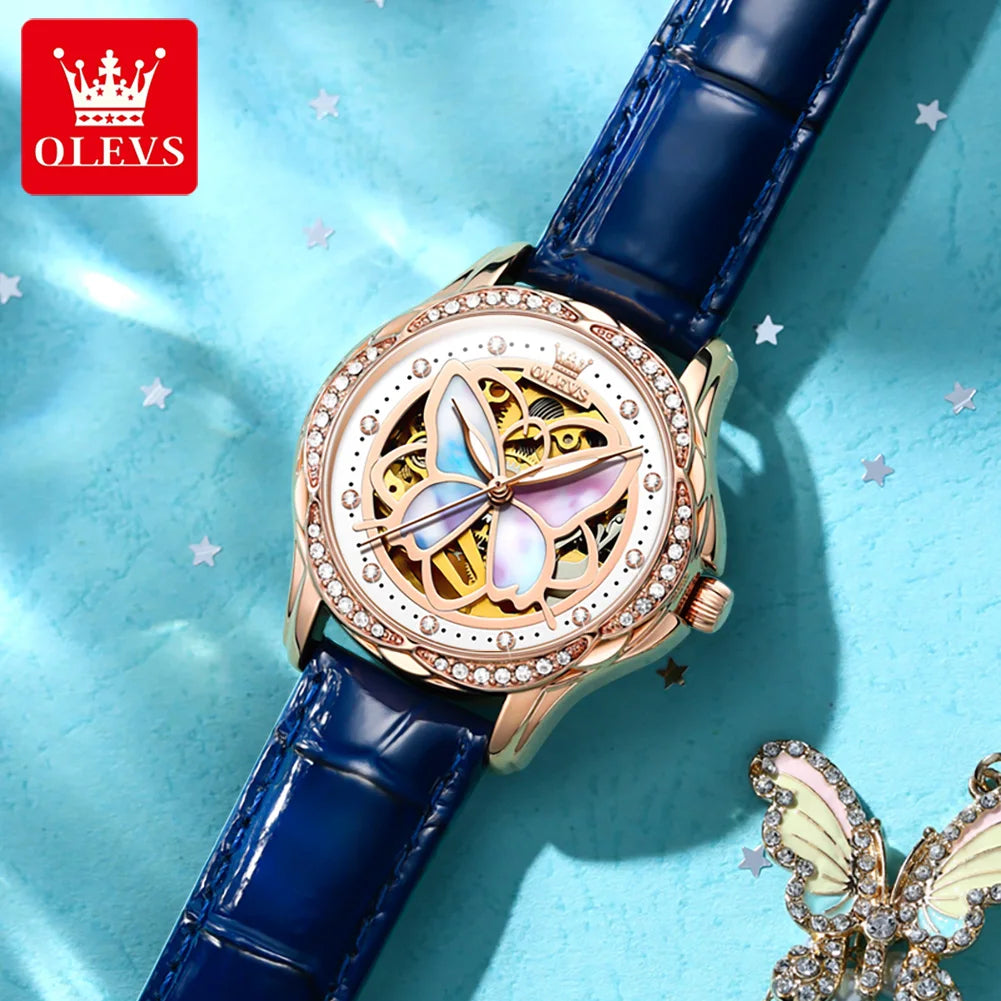 OLEVS 6615 Womens Watch Original Bezel Ceramic Mechanical Automatic Wristwatch Waterproof Luminous Ladies Watch Butterfly Dial