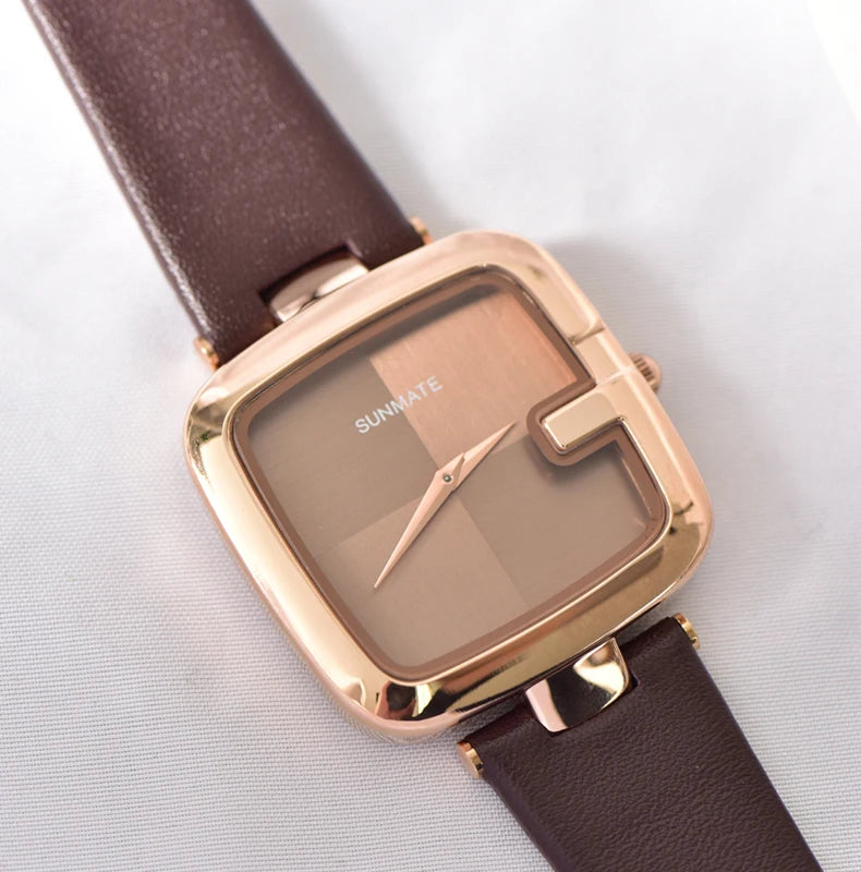 Women Slim Quartz Watch Square Alloy Case 36mm Leather Band Minimalist Water Resistant