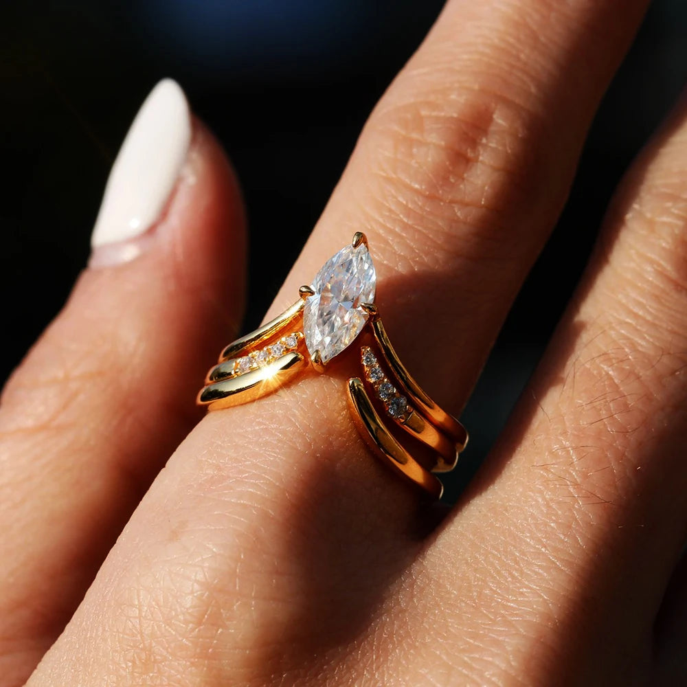 BXINY Marquise Cut Moissanite Solitaire Ring – 925 Silver & 18K Gold Plating Wedding Band