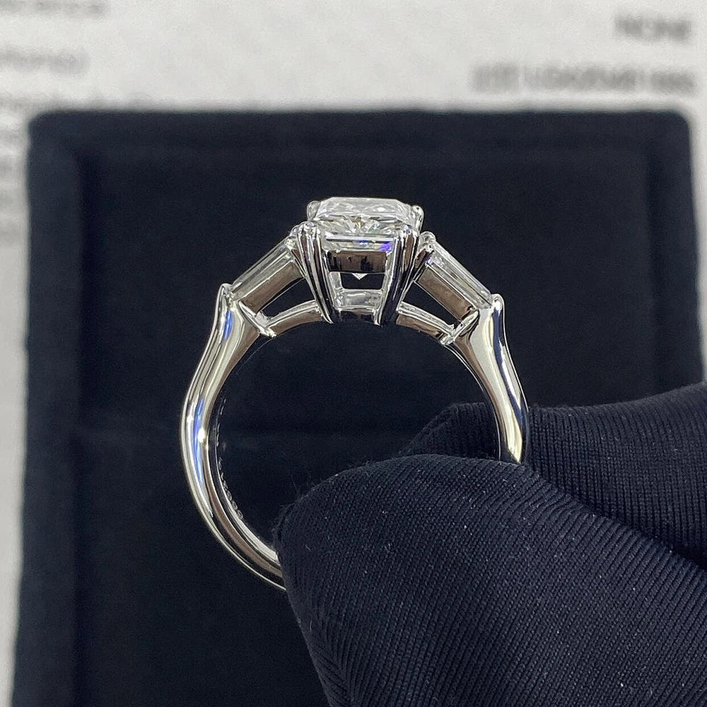 Radiant Cut Moissanite Engagement Ring Baguette Design in Sterling Silver Wedding Jewelry