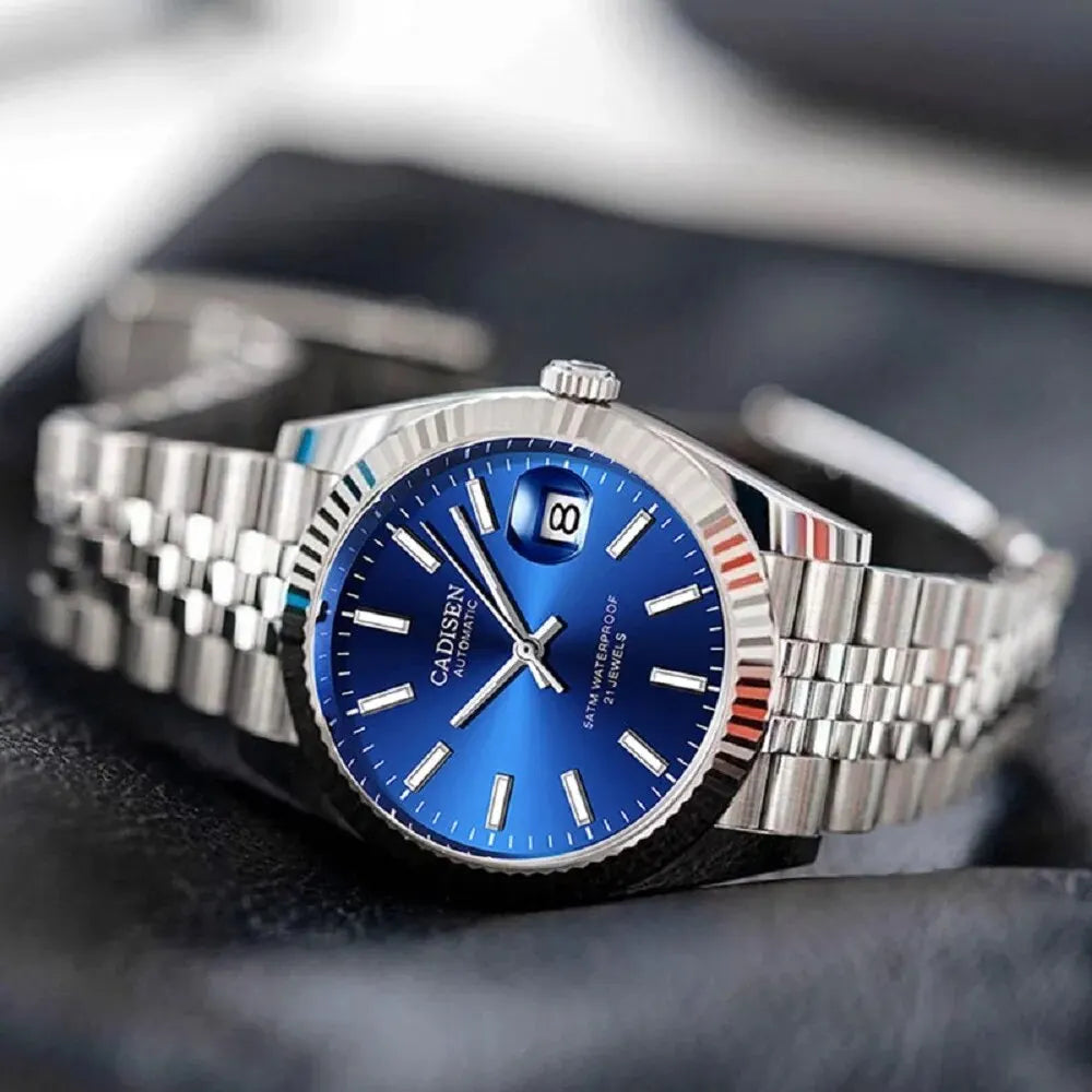 CADISEN Luxury Mechanical Watch for Men – Sapphire Crystal, Stainless Steel Bracelet, 50M Water Resistance