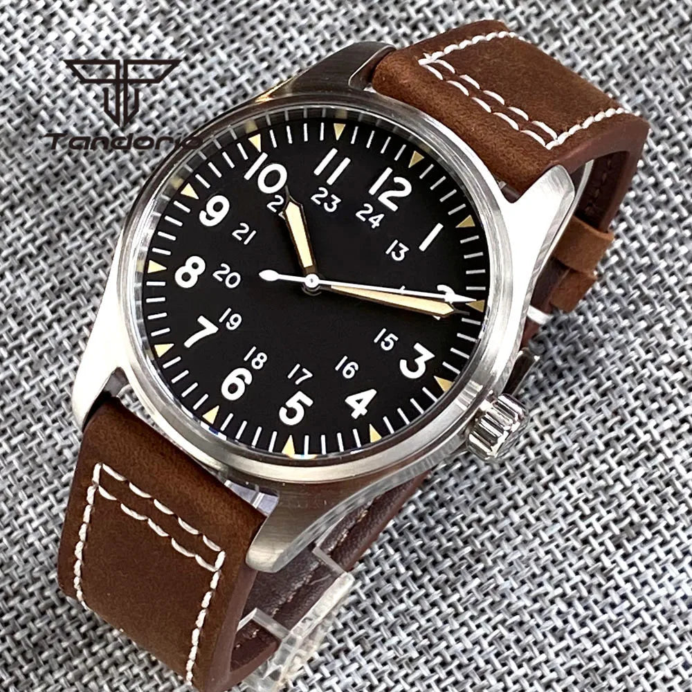 Tandorio 39mm NH35A 20bar Automatic Dive Pilot Men's Watches Sapphire Glass Green Luminous Dial Leather Strap Screw Crown