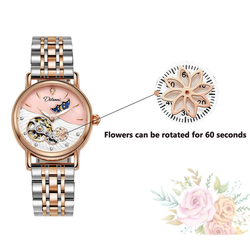 Rotatable Flowers Female Watch Women Top Brand Luxury Fashion Moon Phase Waterproof Lady Automatic Mechanical Watches Reloj