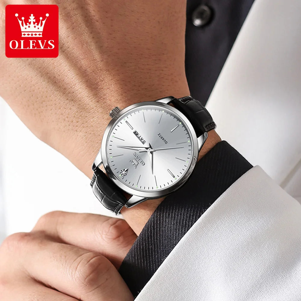 OLEVS 2935 Dual Calendar Quartz Dress Watch For Men Simple Original Leather Man Watches Waterproof Luminous Business Hand Clock