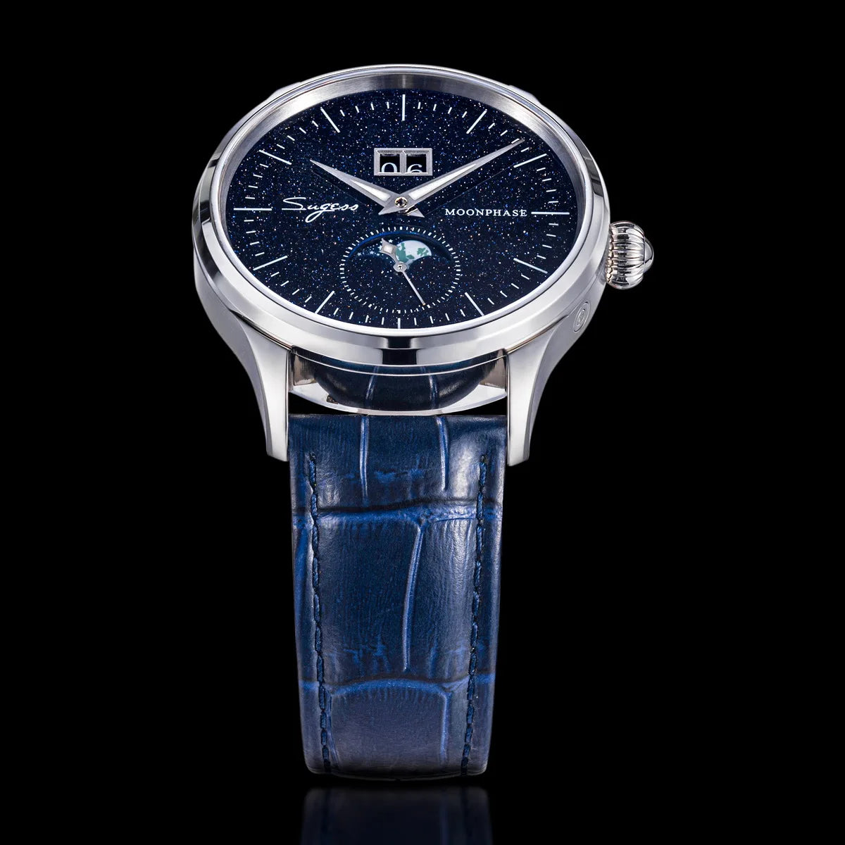 Angled view of the stainless steel case and sapphire crystal