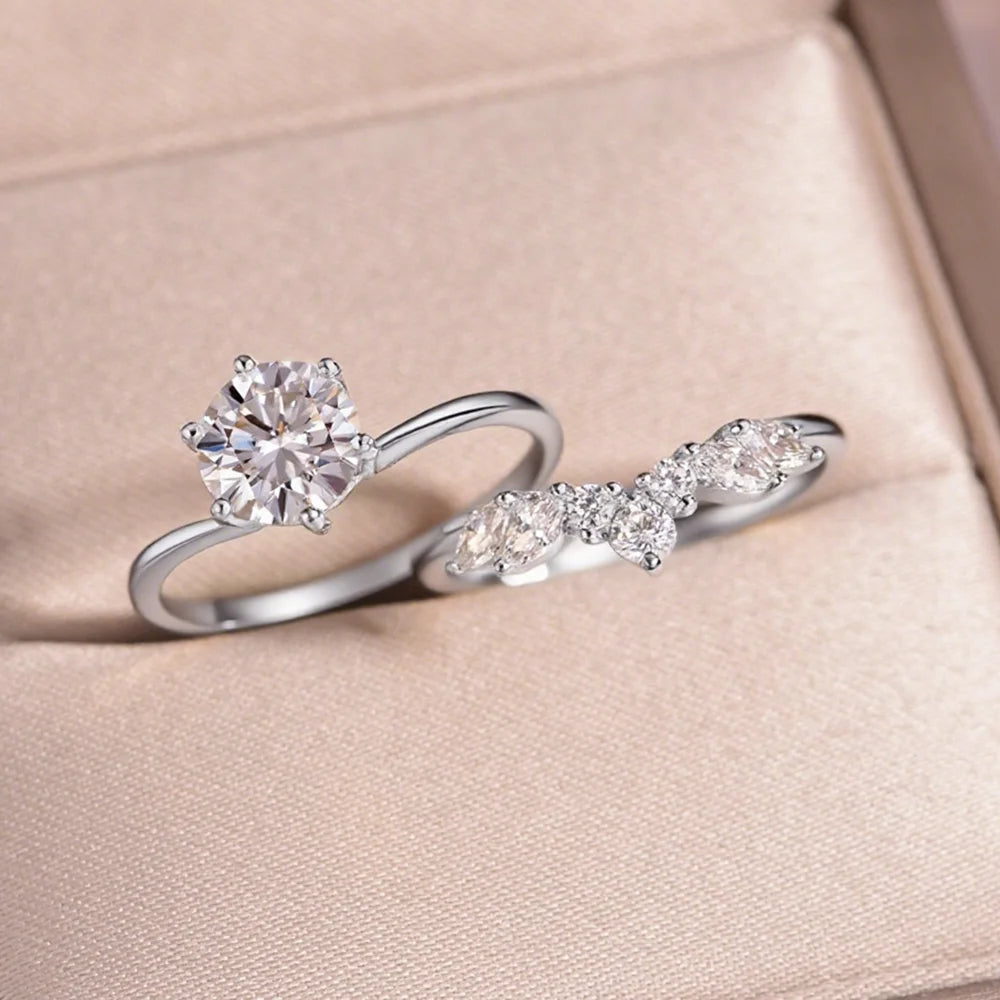 Sterling Silver Moissanite Ring Set D Color Round Cut Diamond Alternative for Women Jewelry